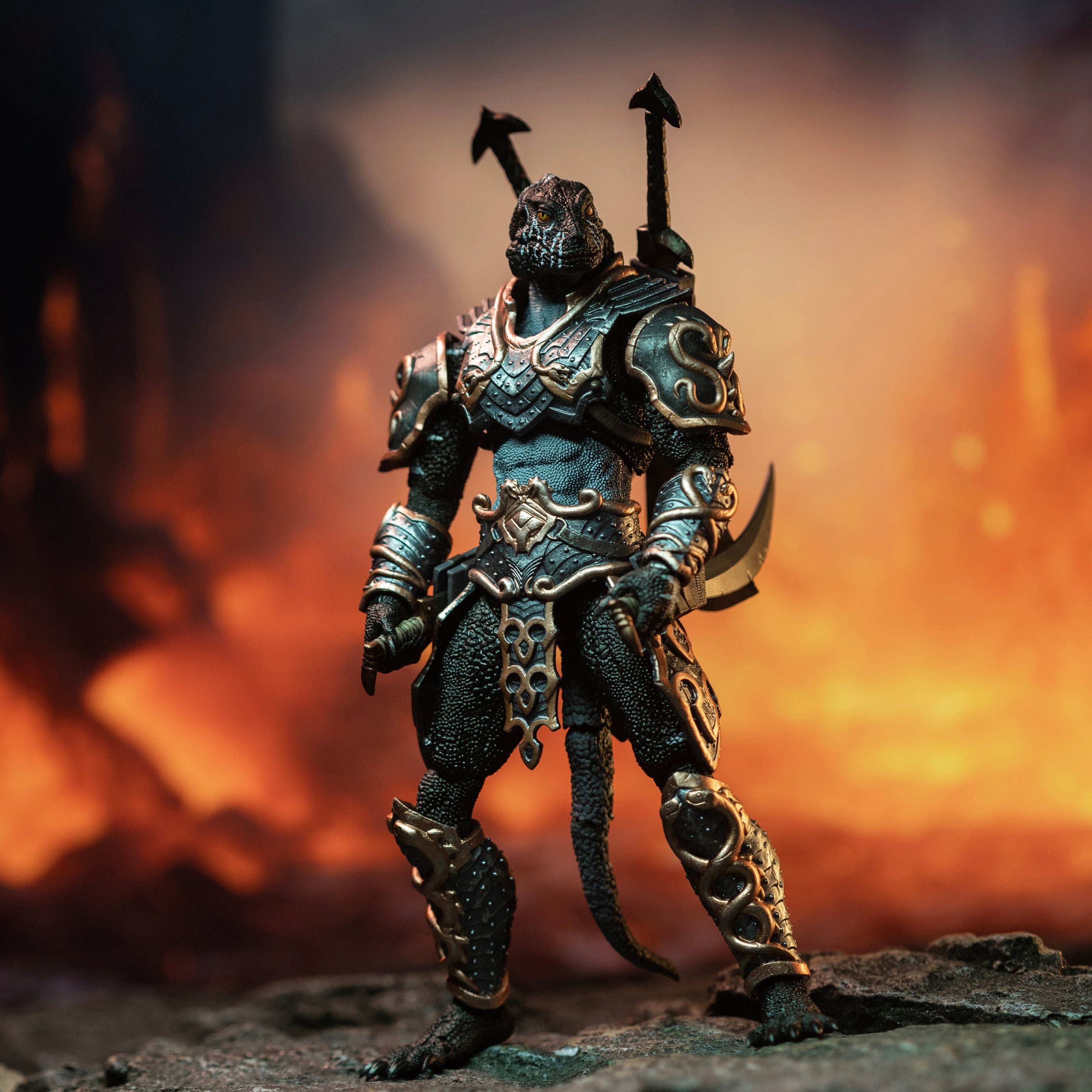 Fully armored black Lemurian standing beside lava flow and holding two swords sheathed at hips with two additional swords sheathed on back.